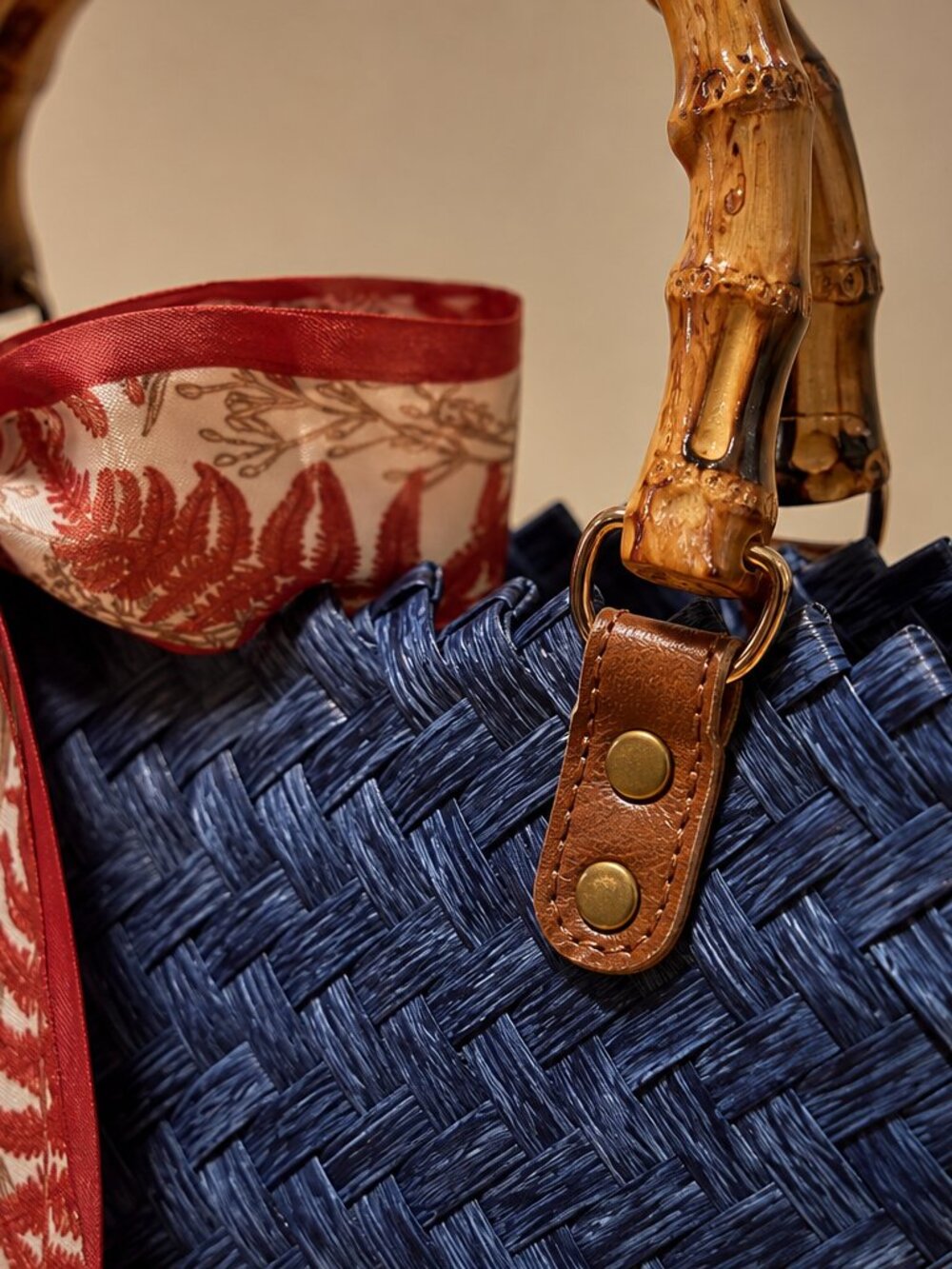NWT Handwoven Navy Basket Tote Bag | Faux Bamboo Handle + Scarf - Picture 7 of 16